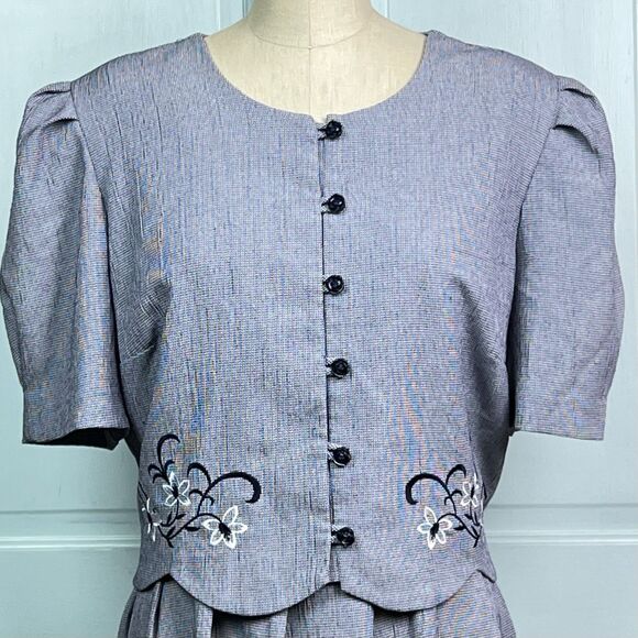 MISS DORBY Vintage Dress Waistcoat Embroidered Back Tie Navy White Check Sz 18 - Picture 2 of 10